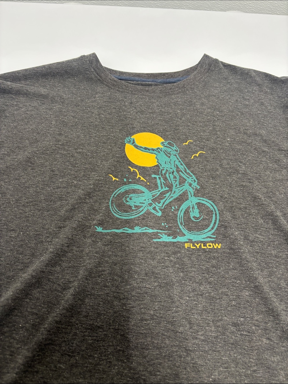 Flylow Men’s Charcoal Short-Sleeve Tee with Teal Bike Graphic and Yellow Sun